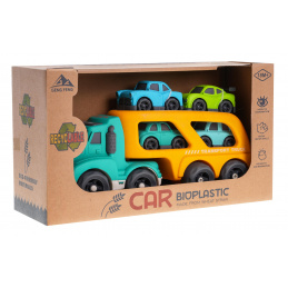 Karavan + 4 BIOplastové autíčka pre deti 18m+ Žltá + Zvuky Svetlá + Pohyblivé časti + Ekologický materiál