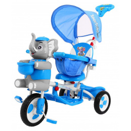 detský trojkolový bicykel Elephant Blue + zvuky + strieška + zábrana + opierka nôh + rukoväť + lyžiny + úložný priestor