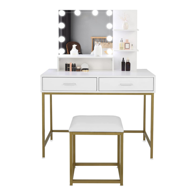 Aga Toaletný stolík so zrkadlom a LED osvetlením + taburet Matný biely