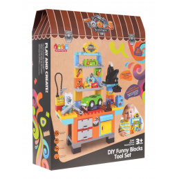 Stavebné kocky DIY dielňa pre deti 3+ Náradie + Auto + Čerpanie kolies + Príslušenstvo 92 el.