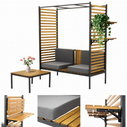 Záhradná pergola s lavičkou s operadlom a stolík set