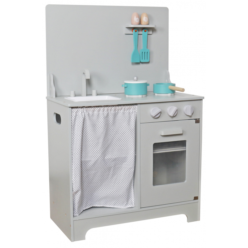 Aga4Kids Drevená kuchynka Mini Chef s rúrou na pečenie s tyrkysovým riadom Sivá