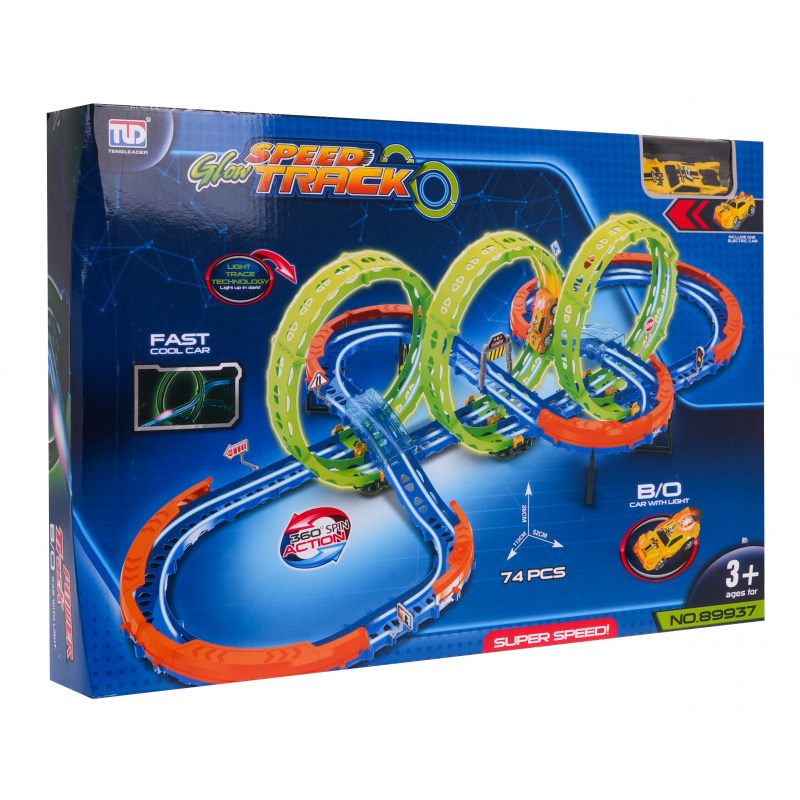 Extrémna závodná dráha pre deti 3+ Stavebné diely 74 el. + Auto s LED + 360 slučiek