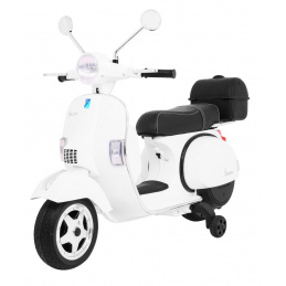 Vespa elektrický skúter pre deti Biela + pomocné kolieska + audio + eko koža + EVA + pomalý štart