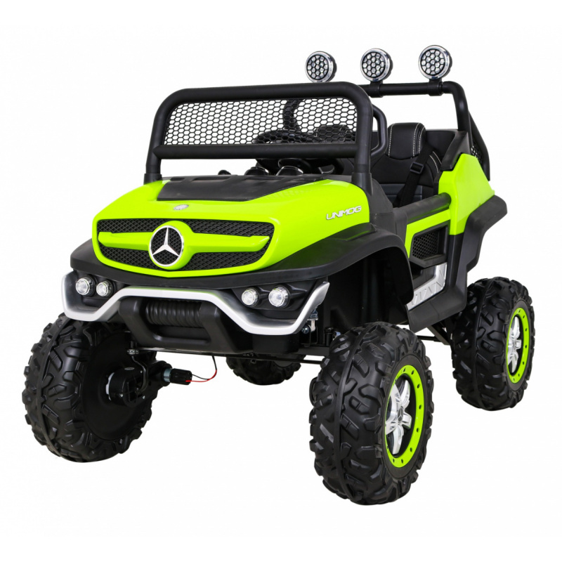 Mercedes Benz Unimog pre deti Zelený + pohon 4x4 + diaľkové ovládanie + batožinový priestor + pomalý štart + MP3 LED