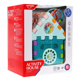 Zmyslový multidomček pre deti 18m+ Mini hry 9 puzzle + triediče + prekladanie + hodiny