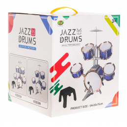 Veľký 5 bubnov pre deti 3+ Modrý + kovový činel + 2 paličky + stolička