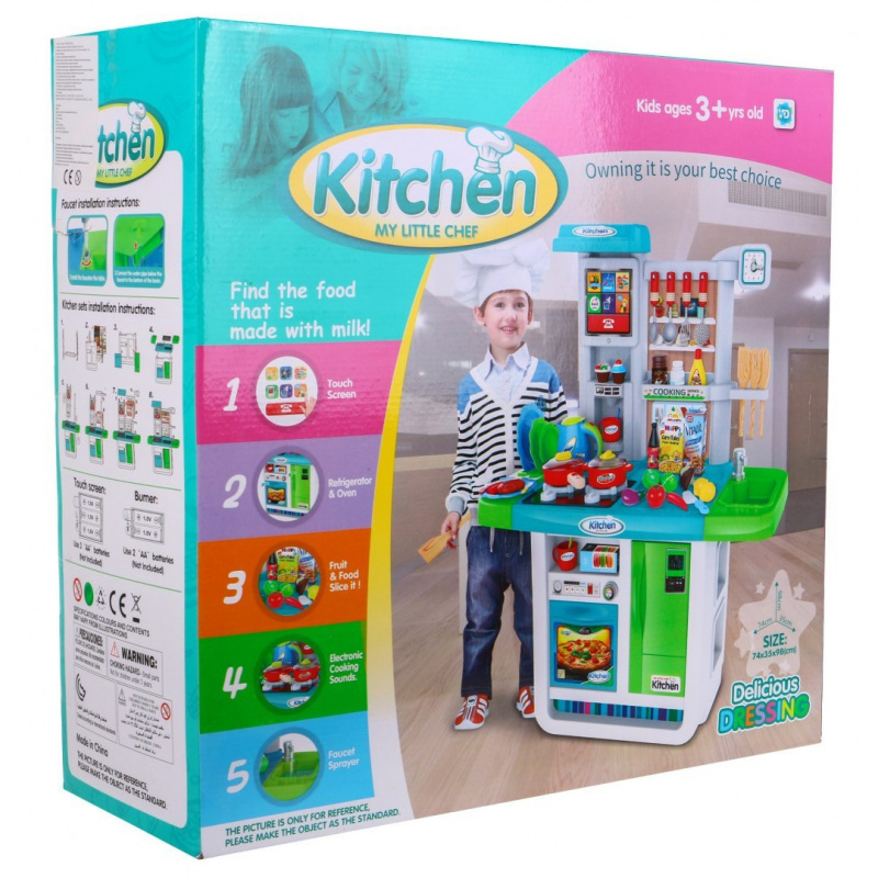 Obrovská modrá kuchynka pre deti 3+ Interaktívne horáky + Vodovodný kohútik + Audio panel + Príslušenstvo
