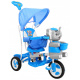 detský trojkolový bicykel Elephant Blue + zvuky + strieška + zábrana + opierka nôh + rukoväť + lyžiny + úložný priestor