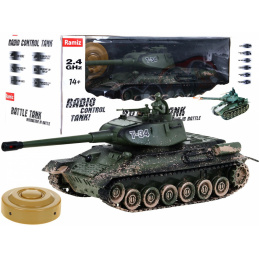 Diaľkovo ovládaný tank T-34 pre deti 3+ Strieľajúci kamuflážny model 1:28 + Veľká tanková bitka + Svetelné zvuky