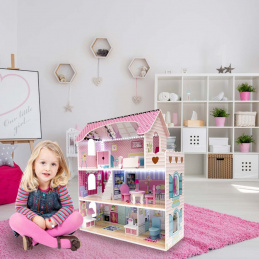 Aga MDF Domček pre bábiky s nábytkom 70 cm Ružový LED