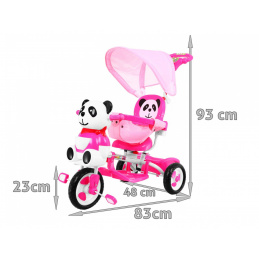 detský trojkolový bicykel Panda Pink + zvuky + strieška + zábrana + opierka nôh + rukoväť + lyžiny + úložný priestor