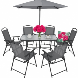 Súprava záhradného nábytku - 6 skladacích stoličiek, stôl, slnečník