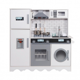 Aga4Kids Detská drevená kuchynka Hedwig XXL s digestorom práčkou a realistickými efektmi Bielo-sivá