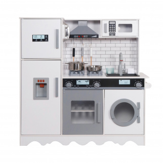 Aga4Kids Detská drevená kuchynka Hedwig XXL s digestorom práčkou a realistickými efektmi Bielo-sivá