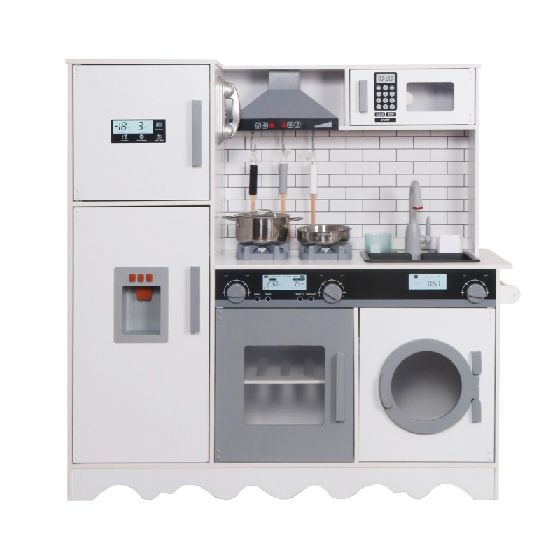Aga4Kids Detská drevená kuchynka Hedwig XXL s digestorom práčkou a realistickými efektmi Bielo-sivá