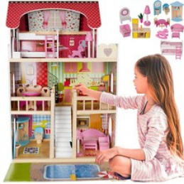 Drevený domček pre bábiky - vila s bazénom D11251