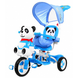 detský trojkolový bicykel Panda Blue + zvuky + strieška + zábrana + opierka nôh + rukoväť + lyžiny + úložný priestor
